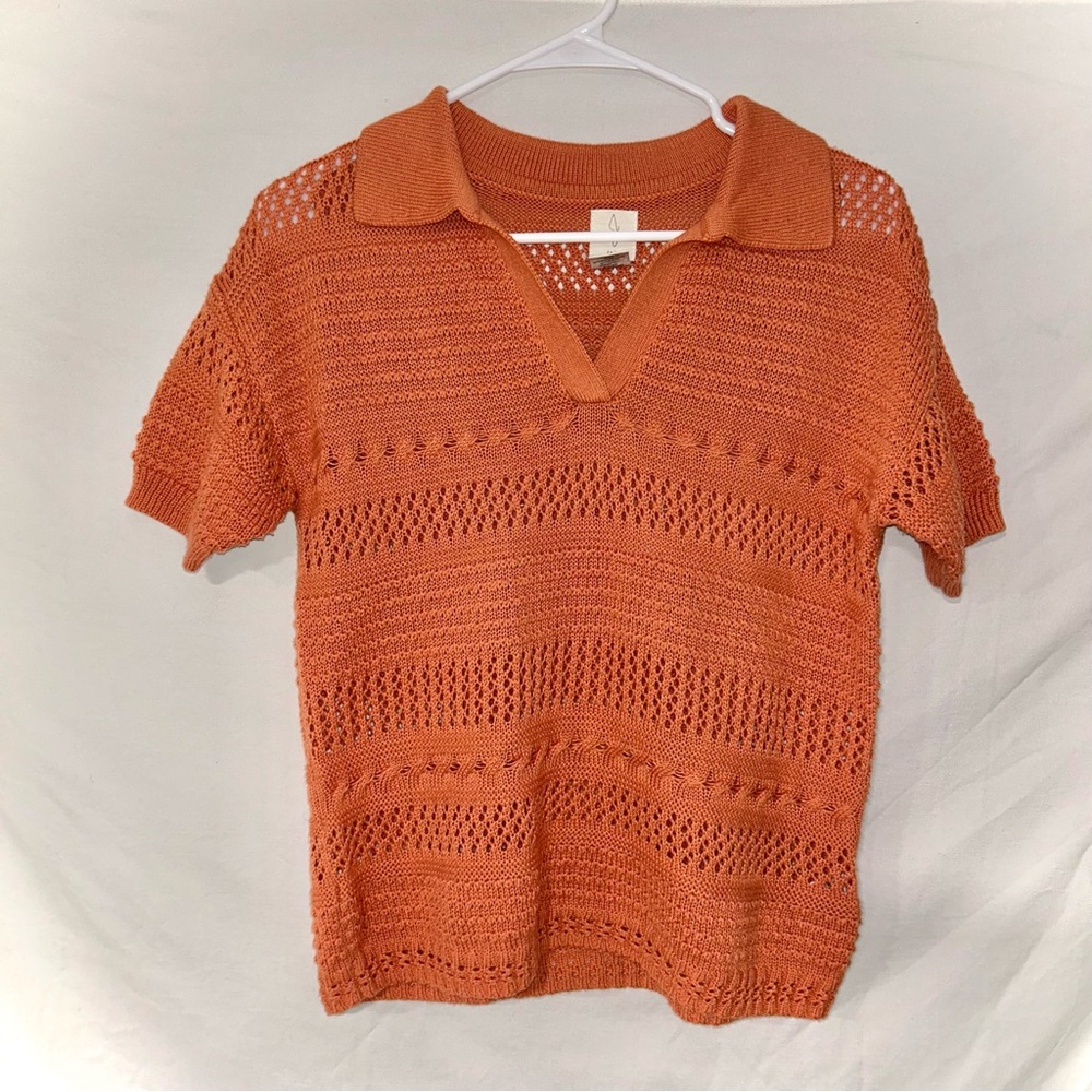 Joie Coral Orange Open Knit Crochet Short Sleeve Polo Club Cabana Shirt